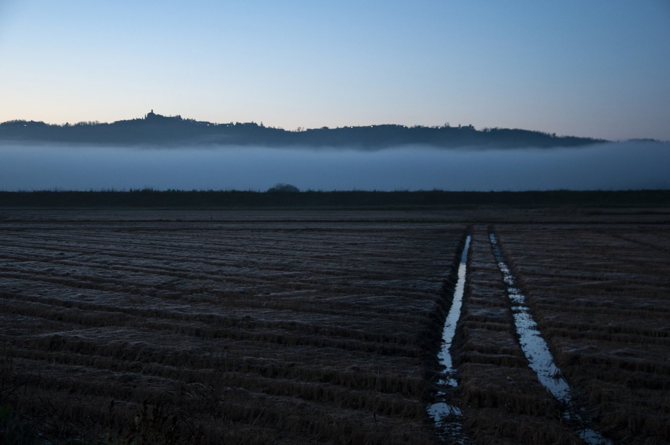 Campo acqua nebbia collina autunno