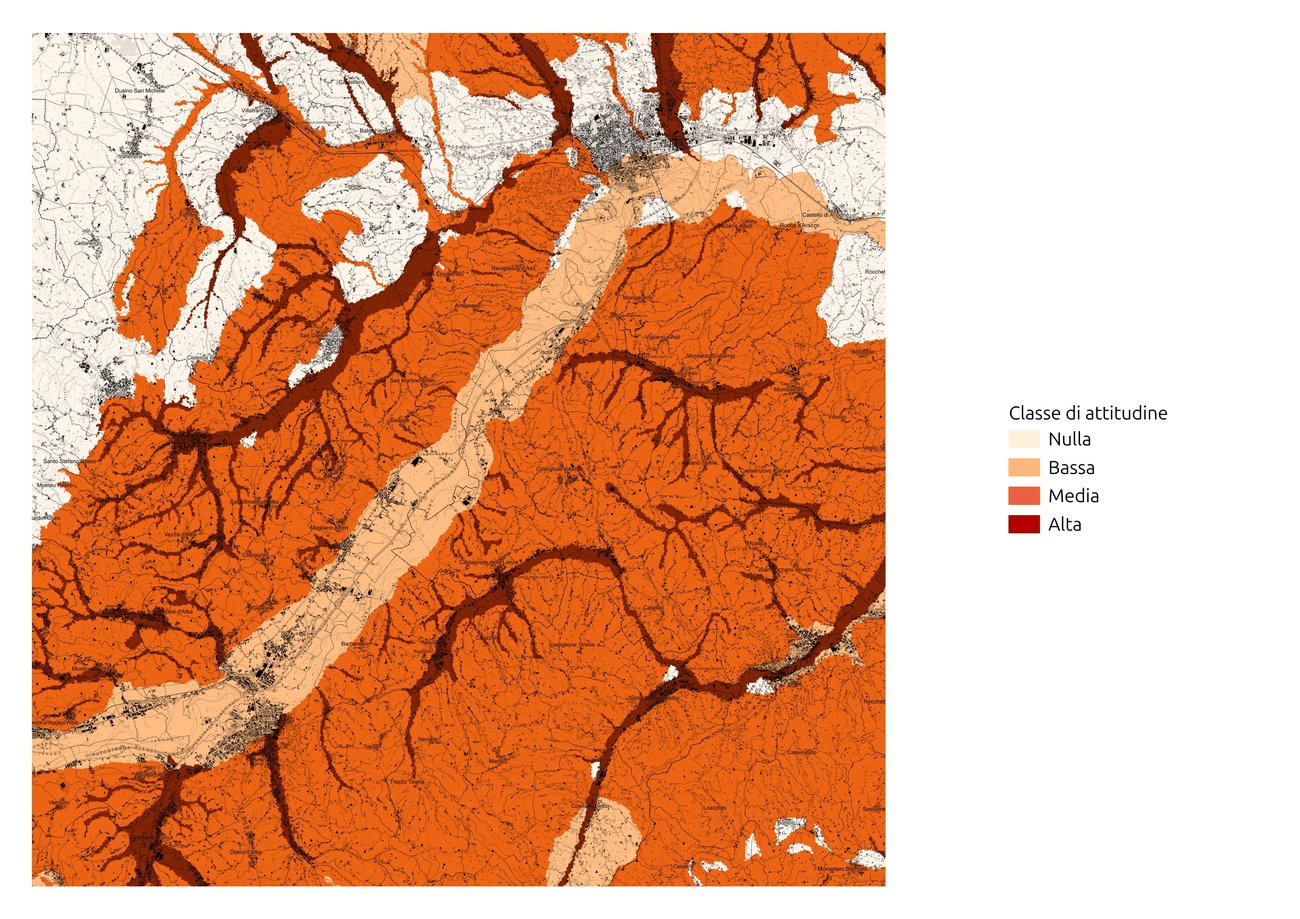Figure 3. Carta delle attitudini dei suoli alle produzioni tartufigene relativa alla valle Tanaro nel tratto tra Alba e Asti.
