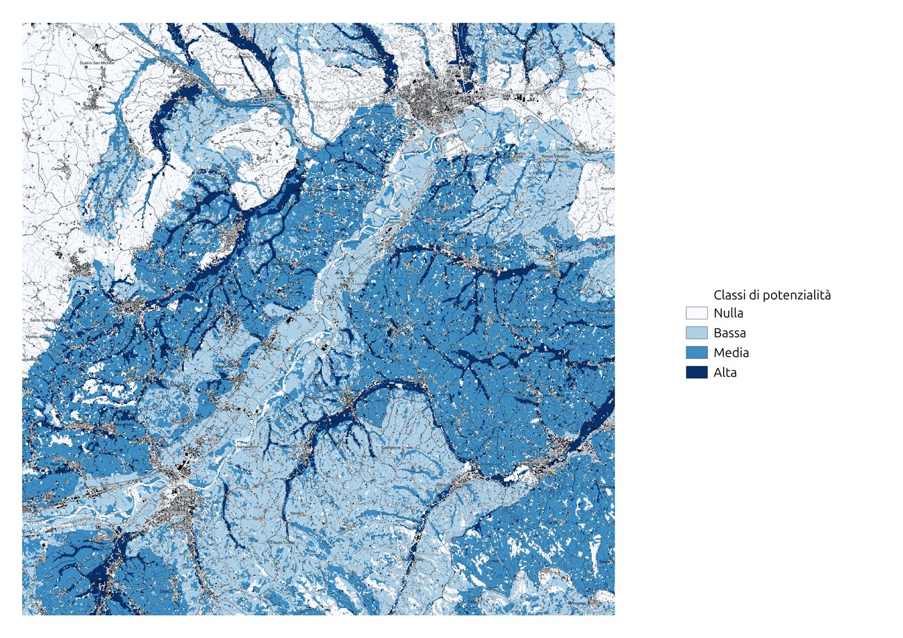 Figura 5. Carta della potenzialità alla produzione tartuficola per la valle Tanaro nel tratto tra Alba e Asti.