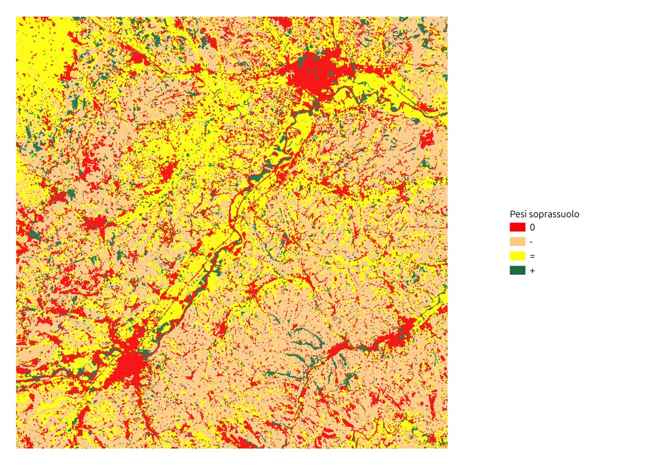 Figura 4. Carta relativa alle categorie ed usi del suolo “pesati “ per la valle Tanaro nel tratto tra Alba e Asti.